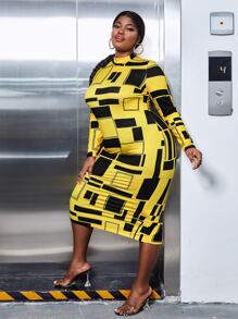 Slaydiva 大碼幾何印花小高領緊身連衣裙 - 彩色 - 查看 4