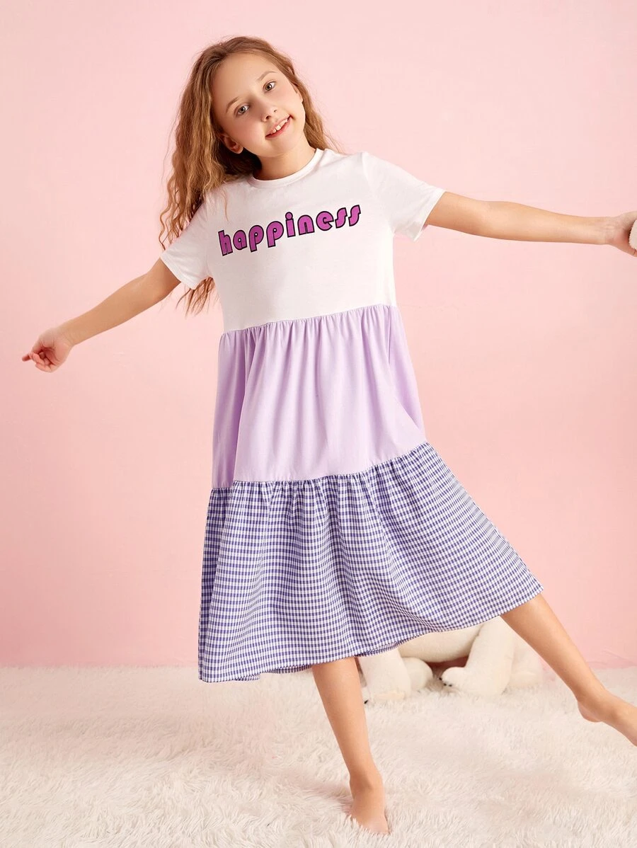 SHEIN Đồ mặc nhà Gái Viên lá sen Khối Màu Lá thư Giải trí - Nhiều màu - Xem 1