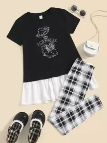 SHEIN Bộ hai mảnh Gái Viên lá sen Con số Slogan Giải trí - Đen và trắng - Xem 1