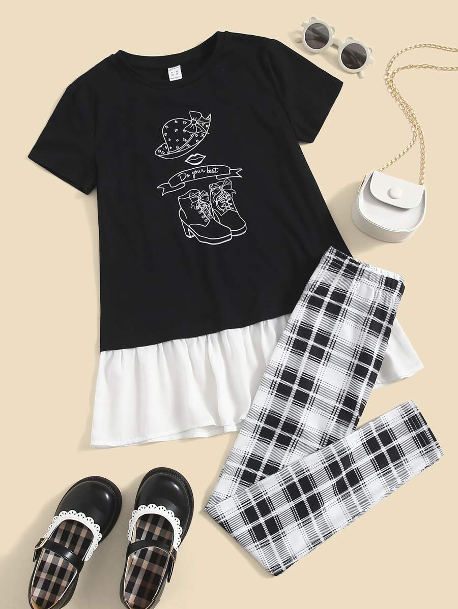 SHEIN Bộ hai mảnh Gái Viên lá sen Con số Slogan Giải trí - Đen và trắng - Xem 1