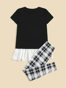 SHEIN Bộ hai mảnh Gái Viên lá sen Con số Slogan Giải trí - Đen và trắng - Xem 2