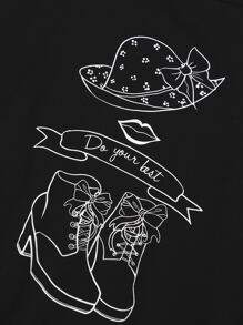 SHEIN Bộ hai mảnh Gái Viên lá sen Con số Slogan Giải trí - Đen và trắng - Xem 3