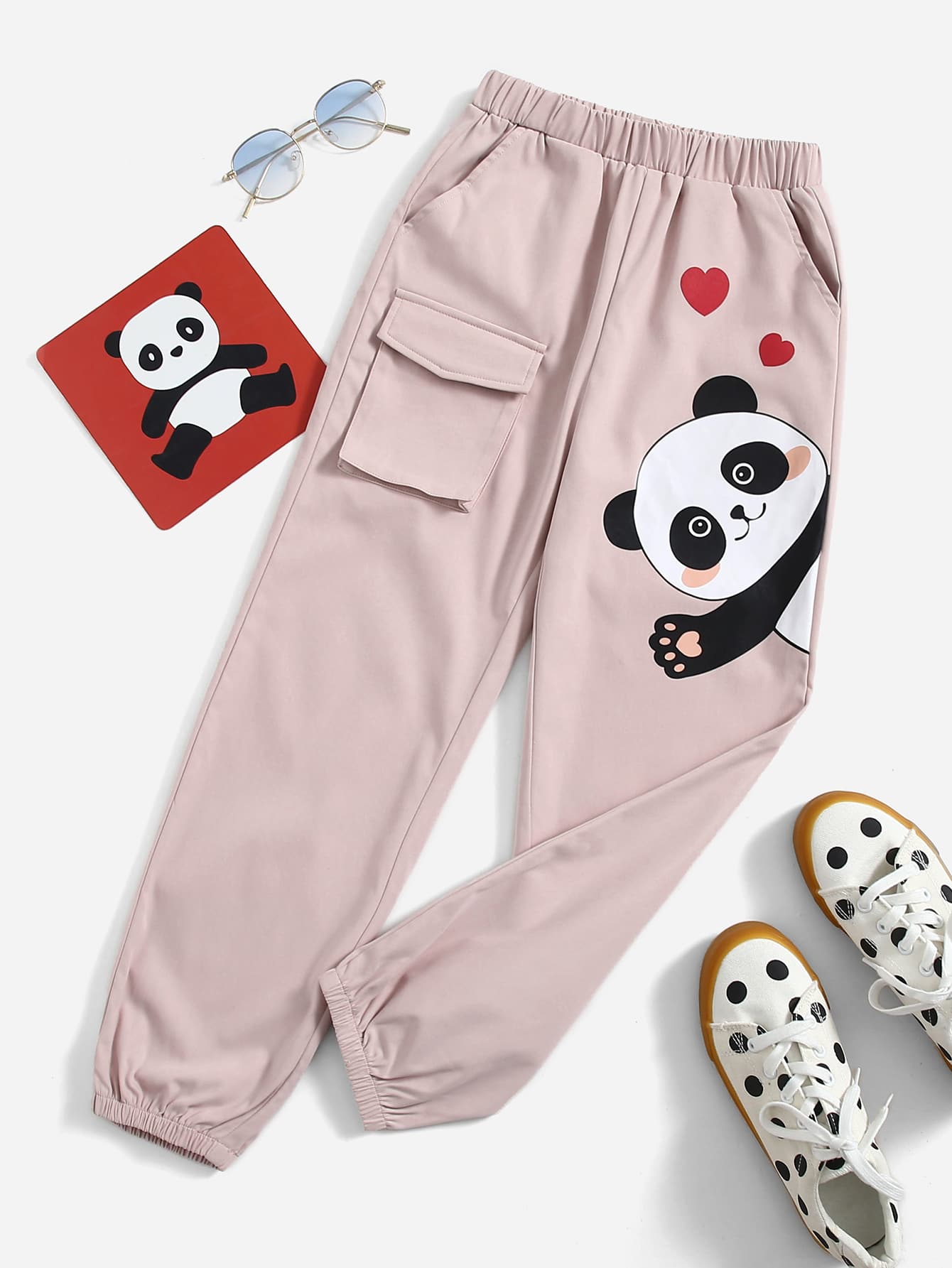 SHEIN Girls Cartoon Panda Print Flap Pocket Trousers - Dusty Pink - View 1