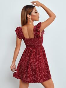 SHEIN PETITE Polka Dot Ruffle Trim Shirred Bodice Dress - Burgundy - View 2