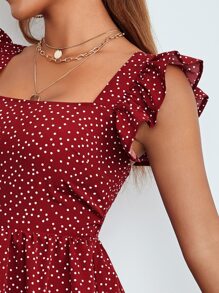 SHEIN PETITE Polka Dot Ruffle Trim Shirred Bodice Dress - Burgundy - View 4