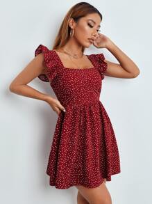 SHEIN PETITE Polka Dot Ruffle Trim Shirred Bodice Dress - Burgundy - View 5