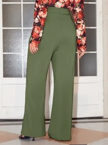 SHEIN Clasi Quần Plus Size Nút Dây kéo màu trơn Thanh lịch - xanh quân đội - Xem 2