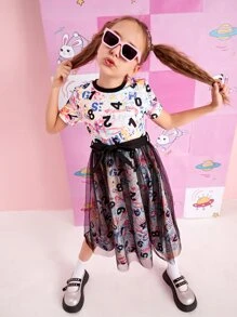 SHEIN Girls Number Print Contrast Mesh Dress - Multicolor - View 2
