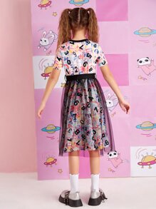 SHEIN Girls Number Print Contrast Mesh Dress - Multicolor - View 3