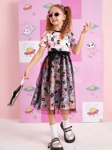 SHEIN Girls Number Print Contrast Mesh Dress - Multicolor - View 5