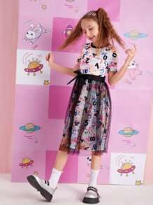 SHEIN Girls Number Print Contrast Mesh Dress - Multicolor - View 6