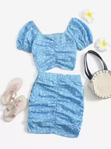 SHEIN Leap Crew 少女設計輕熟女波浪花紋泡泡袖前襯帶扣上身裝+短裙套裝