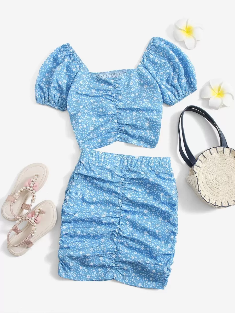 SHEIN Leap Crew 少女設計輕熟女波浪花紋泡泡袖前襯帶扣上身裝+短裙套裝