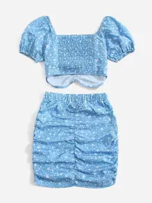 SHEIN Leap Crew 少女設計輕熟女波浪花紋泡泡袖前襯帶扣上身裝+短裙套裝