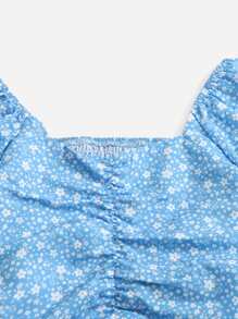 SHEIN Leap Crew 少女設計輕熟女波浪花紋泡泡袖前襯帶扣上身裝+短裙套裝