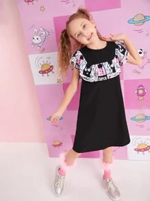 SHEIN Girls Cartoon and Letter Graphic Ruffle Detail Dress - Black - View 3