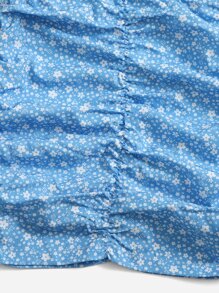 SHEIN Leap Crew 少女設計輕熟女波浪花紋泡泡袖前襯帶扣上身裝+短裙套裝