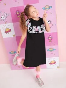 SHEIN Girls Cartoon and Letter Graphic Ruffle Detail Dress - Black - View 4