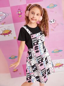 SHEIN Girls Tee & Cartoon And Slogan Graphic Dress Set - Multicolor - View 1