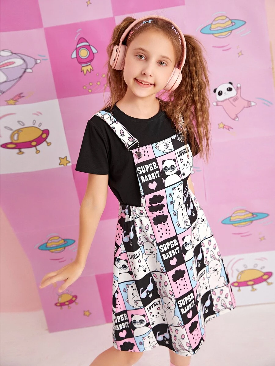 SHEIN Girls Tee & Cartoon And Slogan Graphic Dress Set - Multicolor - View 1
