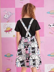 SHEIN Girls Tee & Cartoon And Slogan Graphic Dress Set - Multicolor - View 2