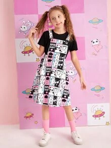 SHEIN Girls Tee & Cartoon And Slogan Graphic Dress Set - Multicolor - View 3