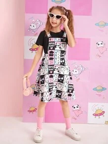SHEIN Girls Tee & Cartoon And Slogan Graphic Dress Set - Multicolor - View 4