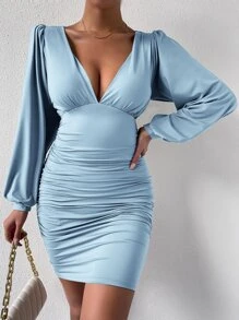 Chiquease 深V領燈籠袖褶邊緊身洋裝 - 淺藍色 - 查看 4