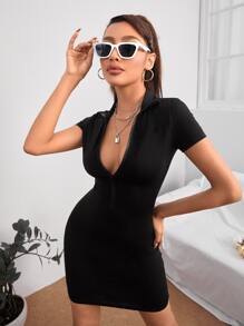 SHEIN PETITE Đầm Dây kéo màu trơn Gợi cảm - màu đen - Xem 4