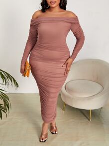 Slaydiva Plus Off Shoulder Ruched Mesh Bodycon Dress - Dusty Pink - View 1