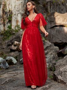 YISIKADO V-neck Mesh A-line Dress - Red - View 1