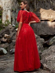 YISIKADO V-neck Mesh A-line Dress - Red - View 2