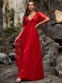 YISIKADO V-neck Mesh A-line Dress - Red - View 5