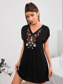 SHEIN PETITE Đầm Nghề thêu Hoa Giải trí - màu đen - Xem 1