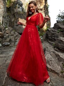 YISIKADO V-neck Mesh A-line Dress - Red - View 7