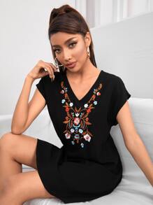 SHEIN PETITE Đầm Nghề thêu Hoa Giải trí - màu đen - Xem 4