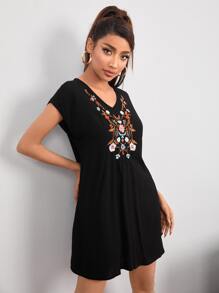 SHEIN PETITE Đầm Nghề thêu Hoa Giải trí - màu đen - Xem 5