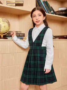 SHEIN Girls Solid Blouse & Plaid Pleated Pinafore Dress Set - Multicolor - View 1