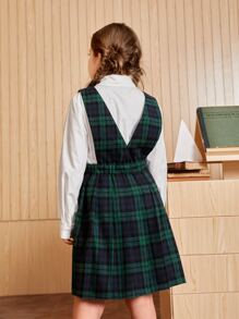 SHEIN Girls Solid Blouse & Plaid Pleated Pinafore Dress Set - Multicolor - View 2