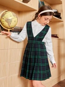 SHEIN Girls Solid Blouse & Plaid Pleated Pinafore Dress Set - Multicolor - View 5