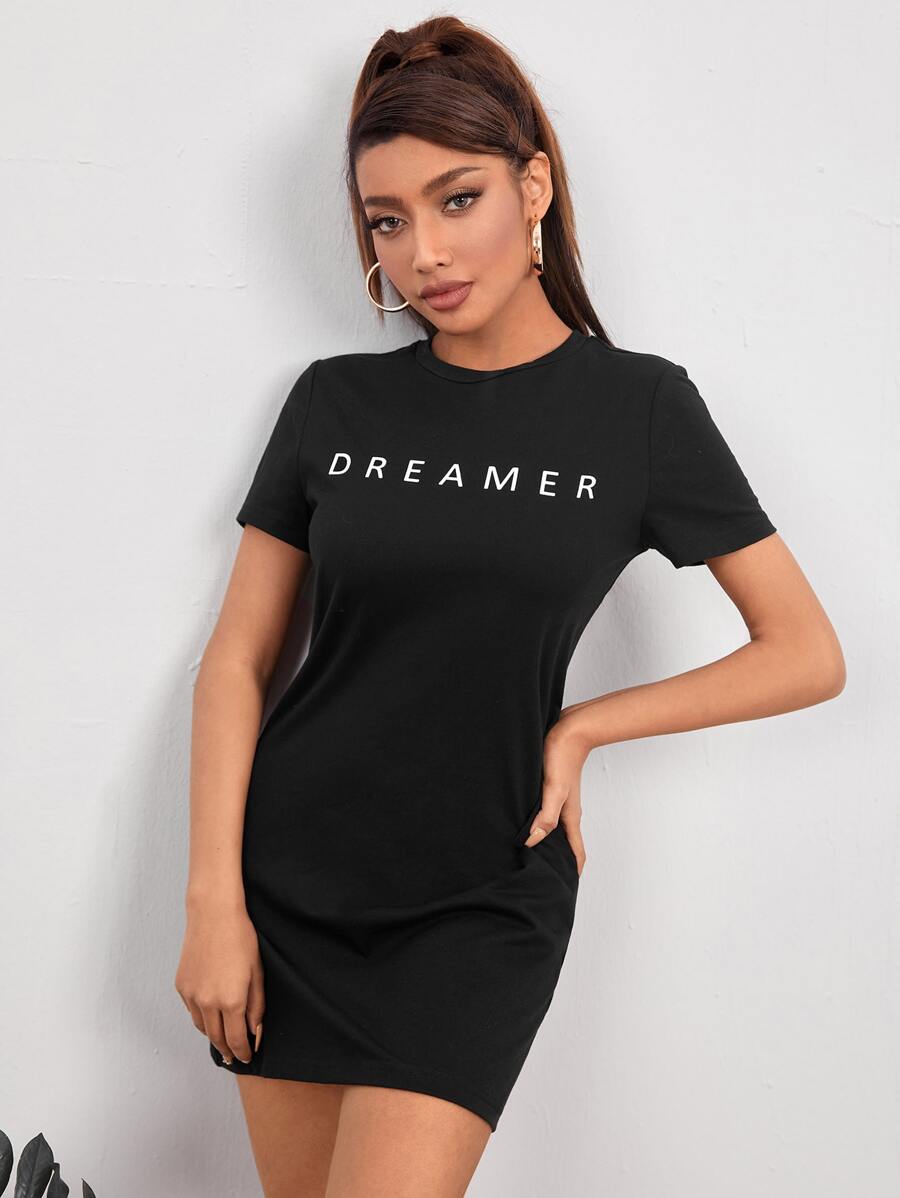 SHEIN PETITE Đầm Lá thư Giải trí - màu đen - Xem 1