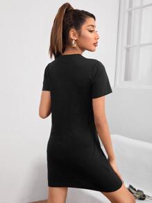 SHEIN PETITE Đầm Lá thư Giải trí - màu đen - Xem 2