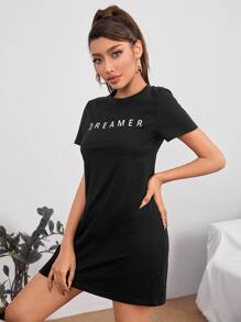 SHEIN PETITE Đầm Lá thư Giải trí - màu đen - Xem 3