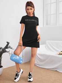 SHEIN PETITE Đầm Lá thư Giải trí - màu đen - Xem 4