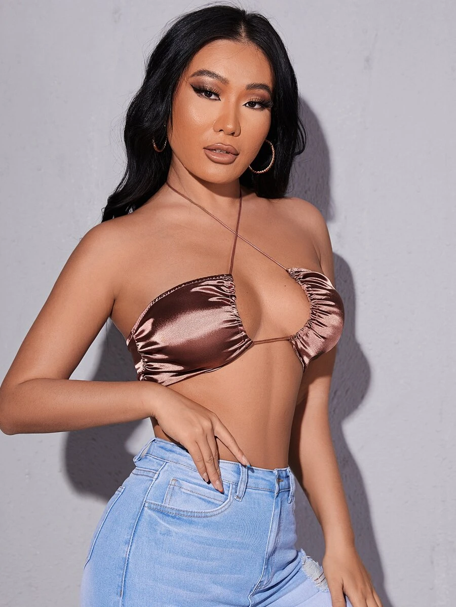 SHEIN SXY Crisscross Tie Backless Satin Halter Top - Bronze - View 1