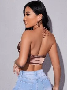 SHEIN SXY Crisscross Tie Backless Satin Halter Top - Bronze - View 2