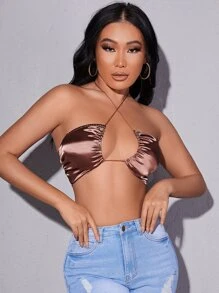 SHEIN SXY Crisscross Tie Backless Satin Halter Top - Bronze - View 4