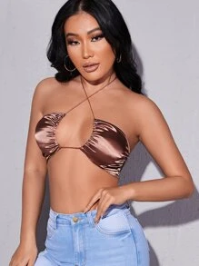 SHEIN SXY Crisscross Tie Backless Satin Halter Top - Bronze - View 5