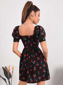 SHEIN PETITE Vestido línea A con estampado de cereza pecho con fruncido - Negro - Ver 2