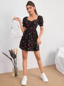 SHEIN PETITE Vestido línea A con estampado de cereza pecho con fruncido - Negro - Ver 3